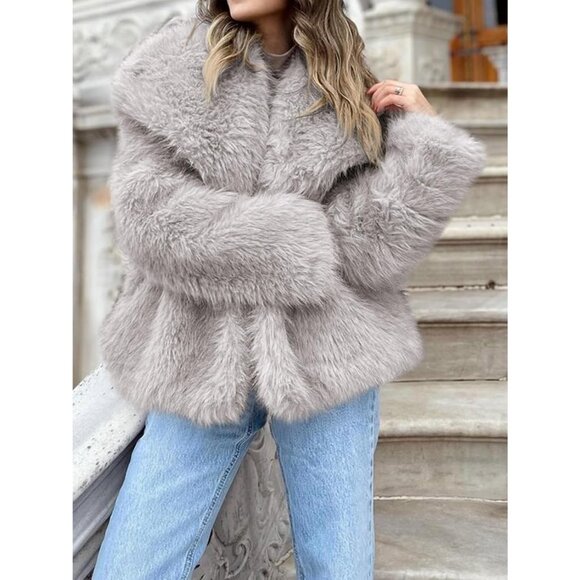 Women's Faux Fur Coat Winter Shaggy Casual Oversized Lapel Jackets Warm Grey - Picture 4 of 6